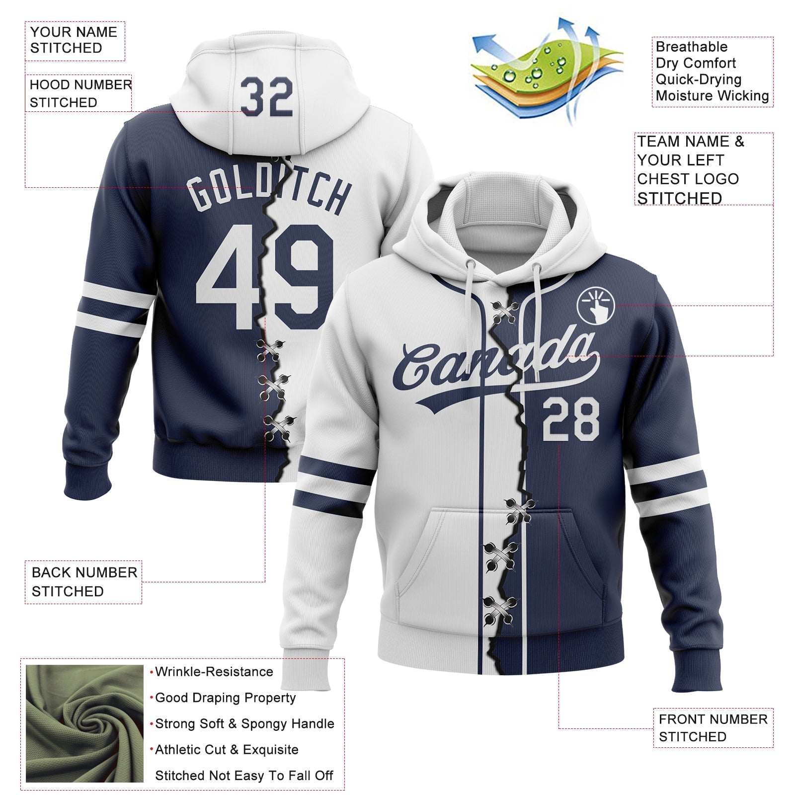 Custom Navy White Split Ripped Pattern Baseball Pullover Sweatshirt Hoodie