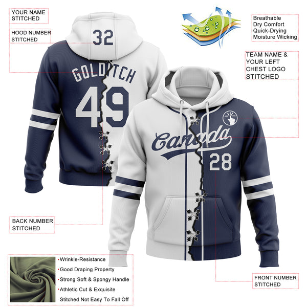 Custom Navy White Split Ripped Pattern Baseball Pullover Sweatshirt Hoodie