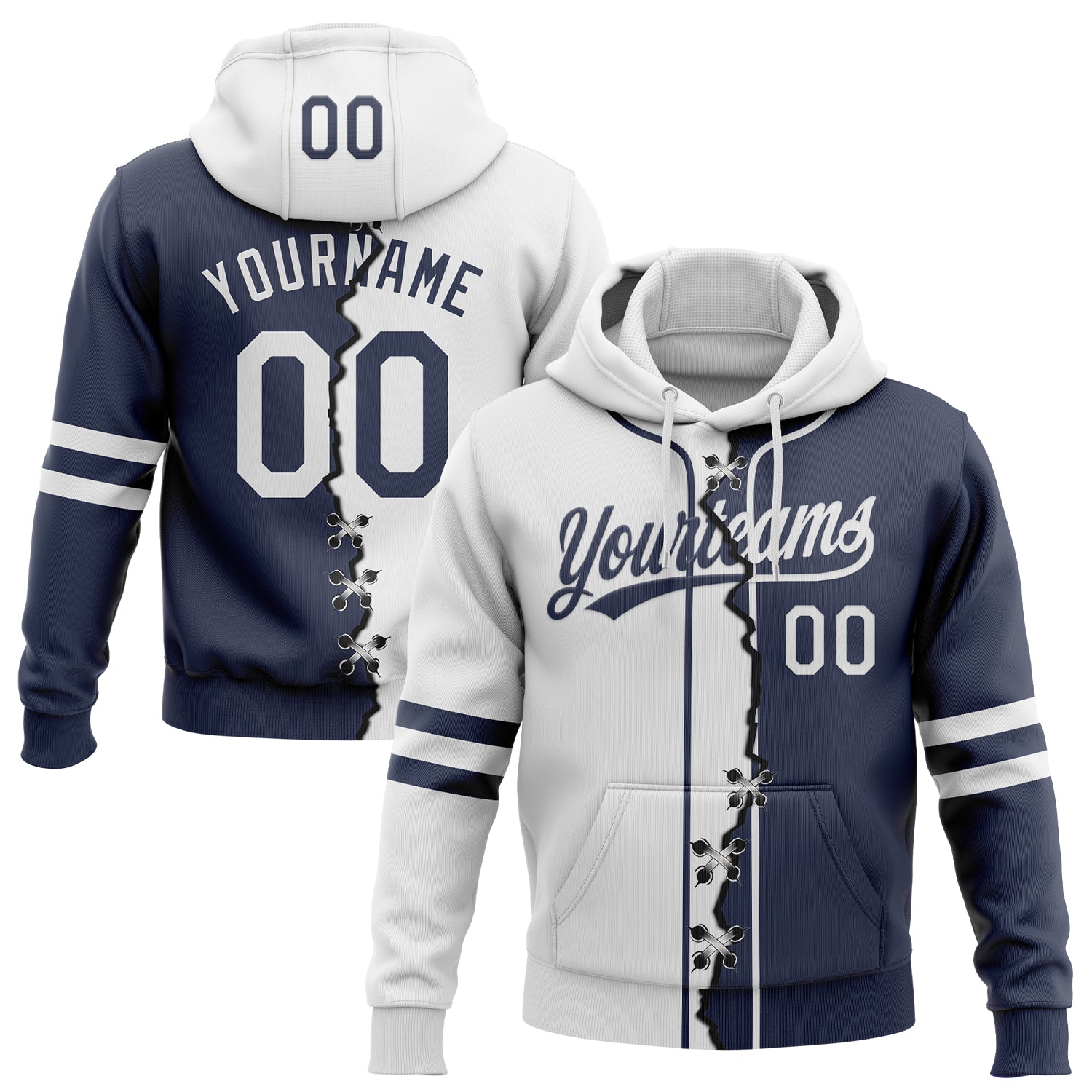 Custom Navy White Split Ripped Pattern Baseball Pullover Sweatshirt Hoodie