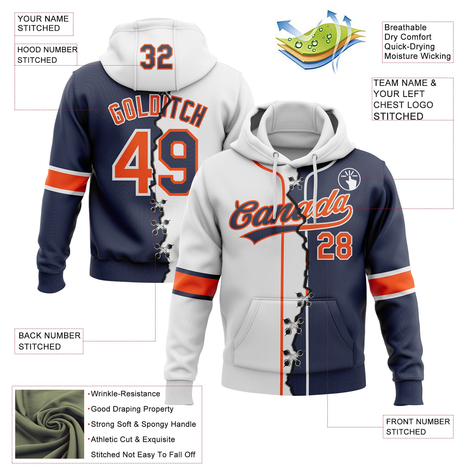 Custom Navy Orange-White Split Ripped Pattern Baseball Pullover Sweatshirt Hoodie