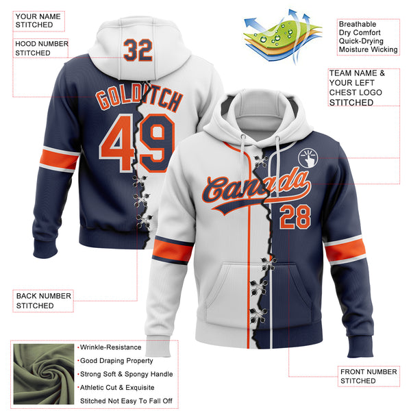 Custom Navy Orange-White Split Ripped Pattern Baseball Pullover Sweatshirt Hoodie