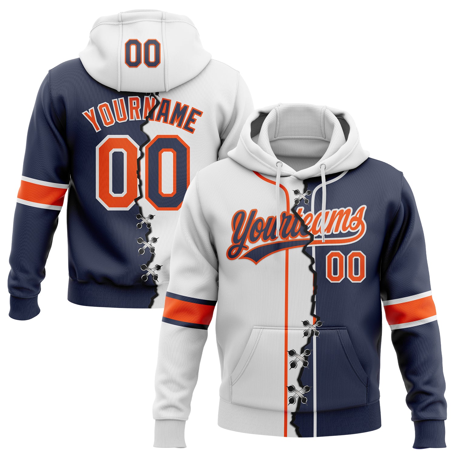 Custom Navy Orange-White Split Ripped Pattern Baseball Pullover Sweatshirt Hoodie