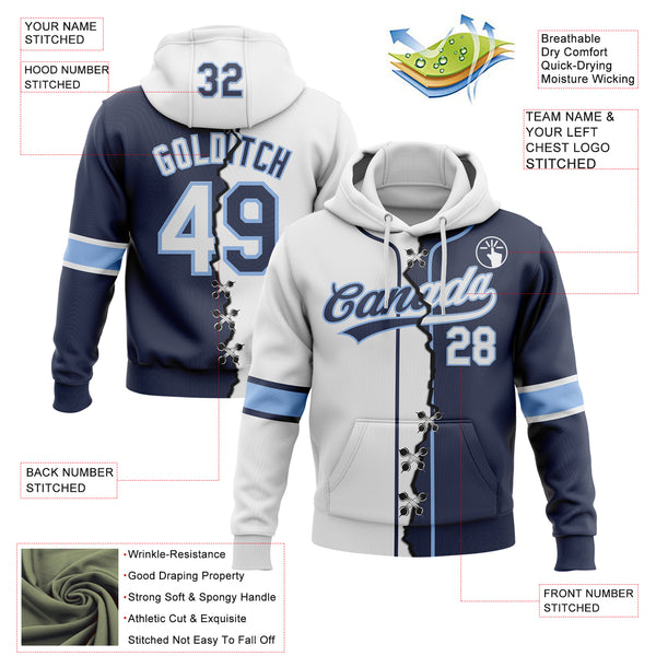 Custom Navy White-Light Blue Split Ripped Pattern Baseball Pullover Sweatshirt Hoodie