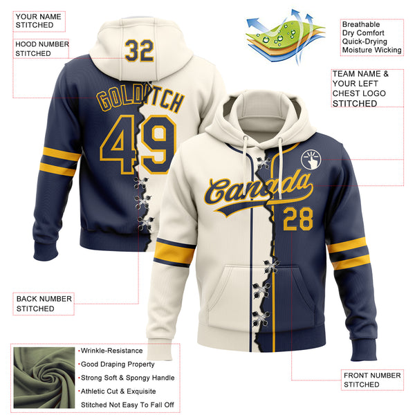 Custom Navy Gold-Cream Split Ripped Pattern Baseball Pullover Sweatshirt Hoodie