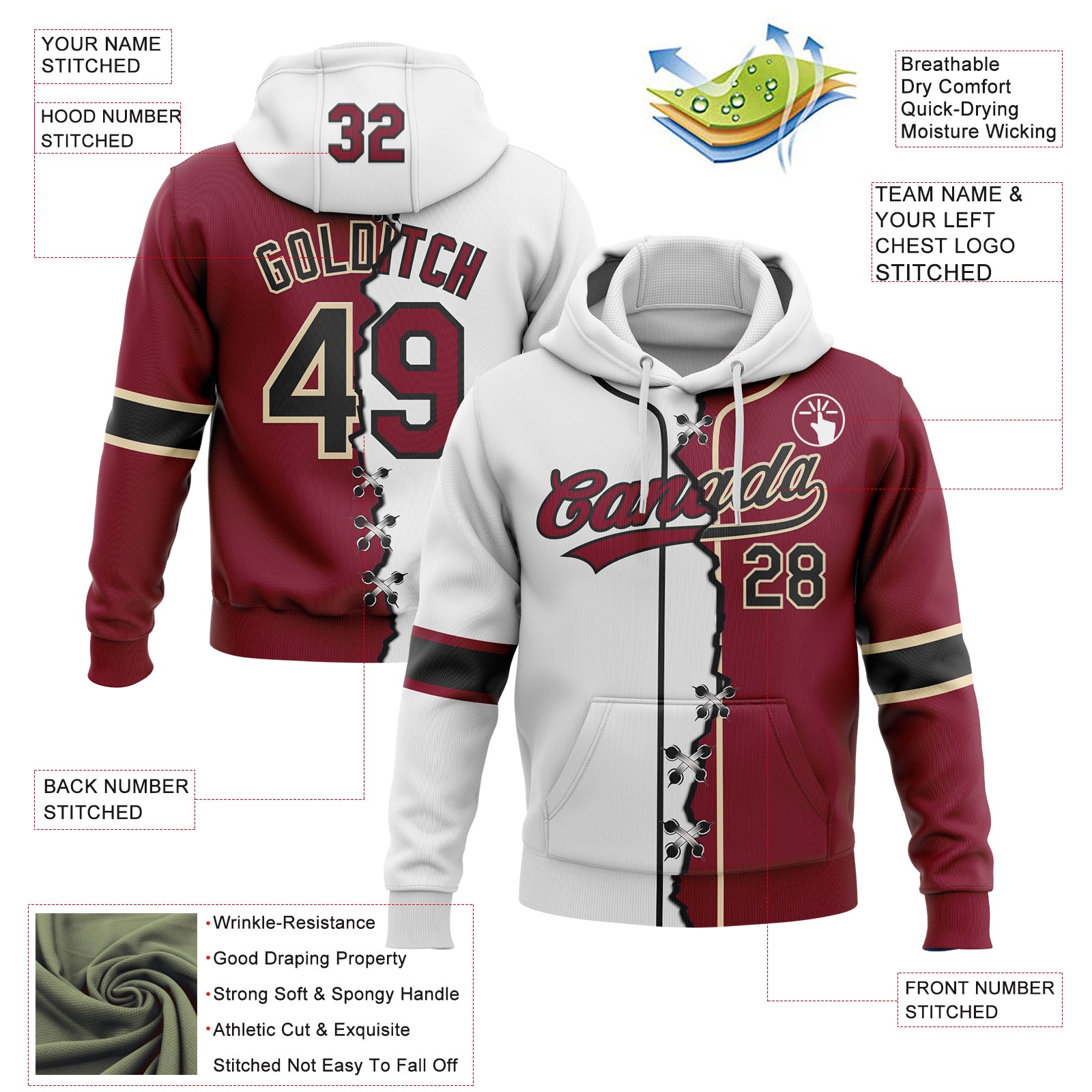 Custom Crimson Black Cream-White Split Ripped Pattern Baseball Pullover Sweatshirt Hoodie