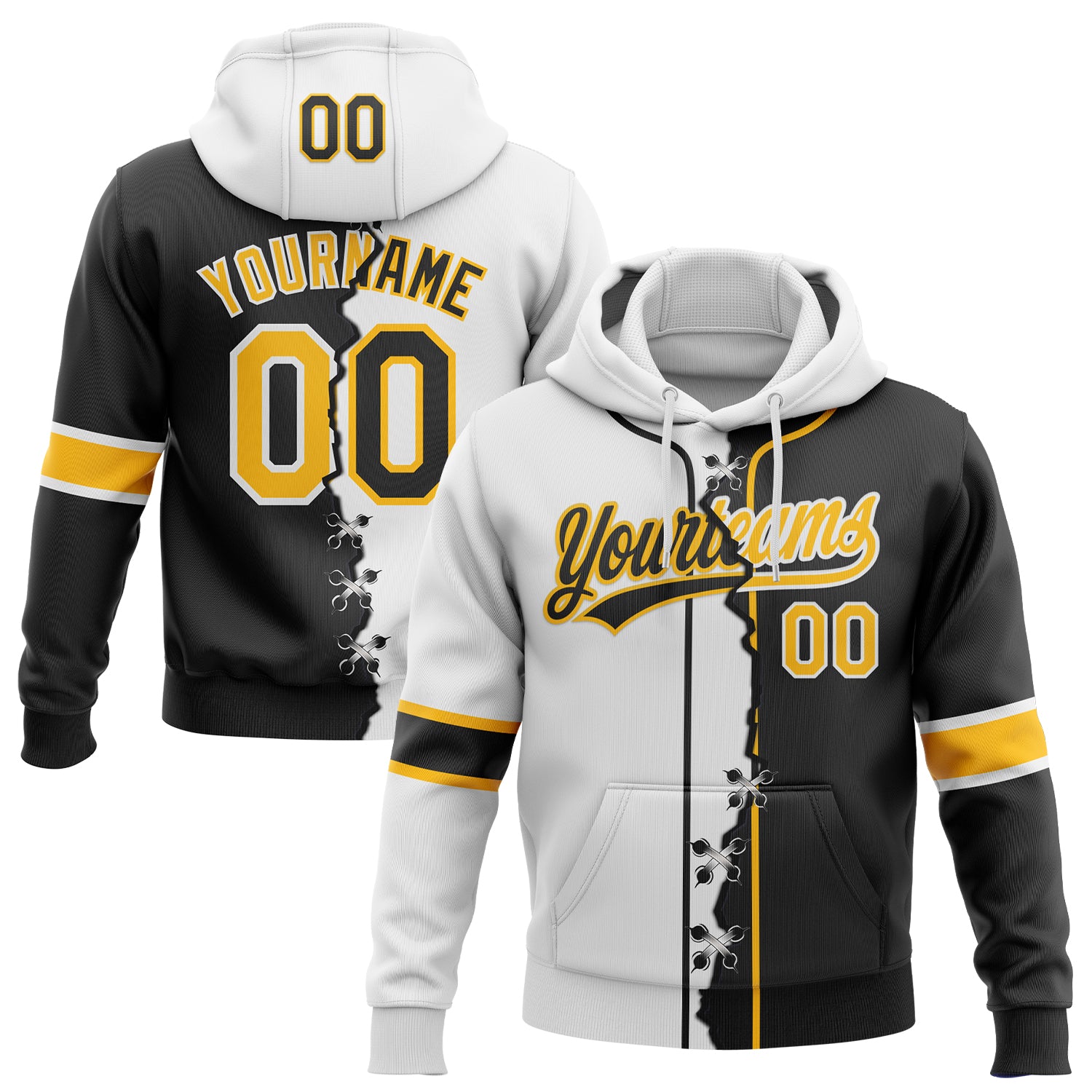 Custom Black Gold-White Split Ripped Pattern Baseball Pullover Sweatshirt Hoodie