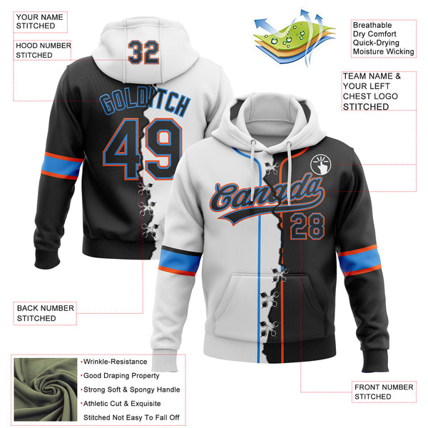 Custom White Black Powder Blue-Orange Split Ripped Pattern Baseball Pullover Sweatshirt Hoodie