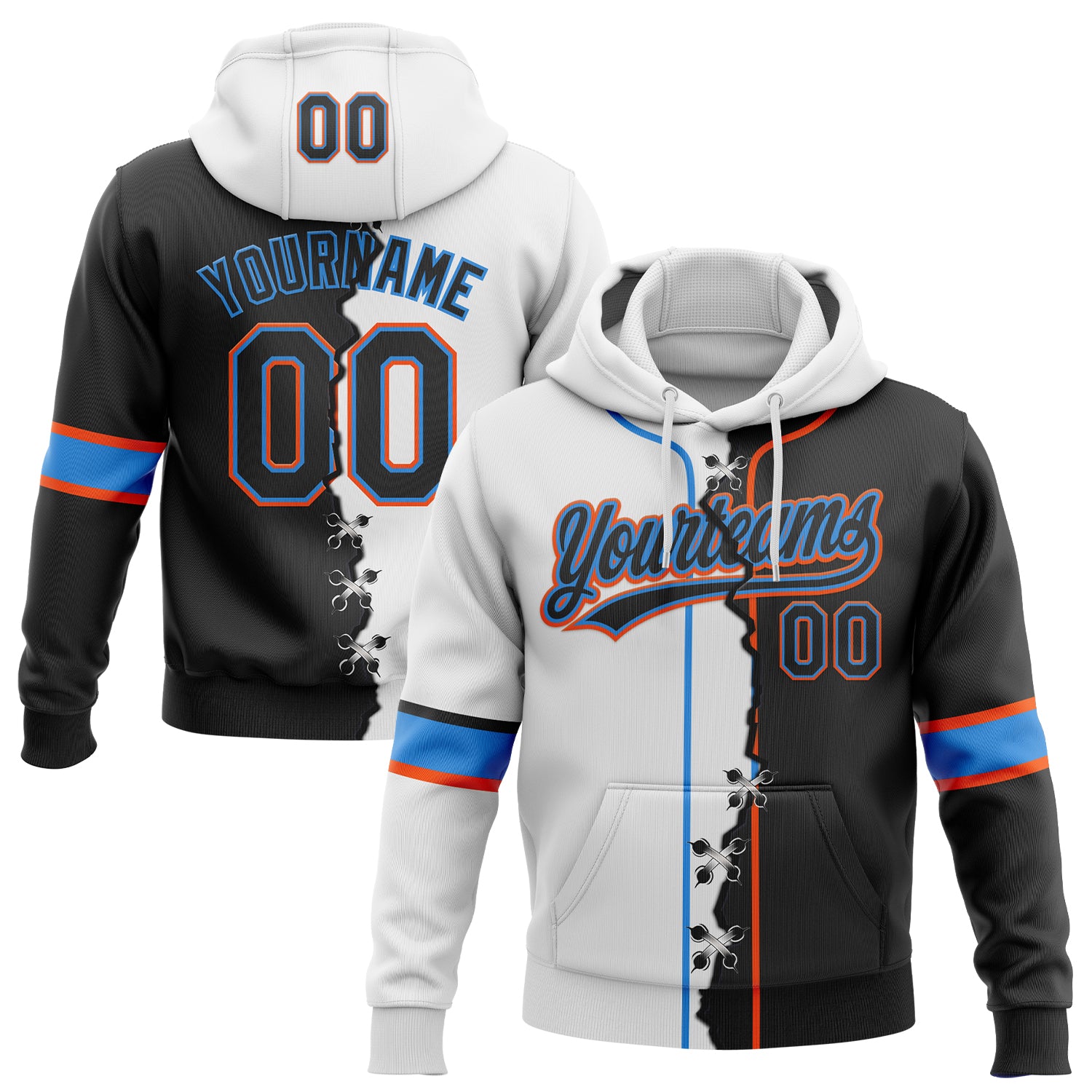 Custom White Black Powder Blue-Orange Split Ripped Pattern Baseball Pullover Sweatshirt Hoodie