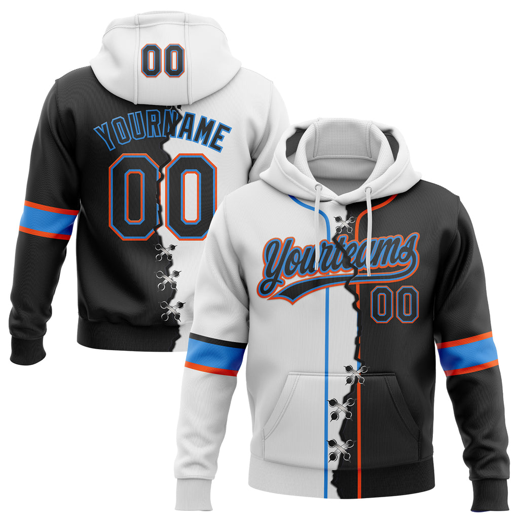 Custom White Black Powder Blue-Orange Split Ripped Pattern Baseball Pullover Sweatshirt Hoodie