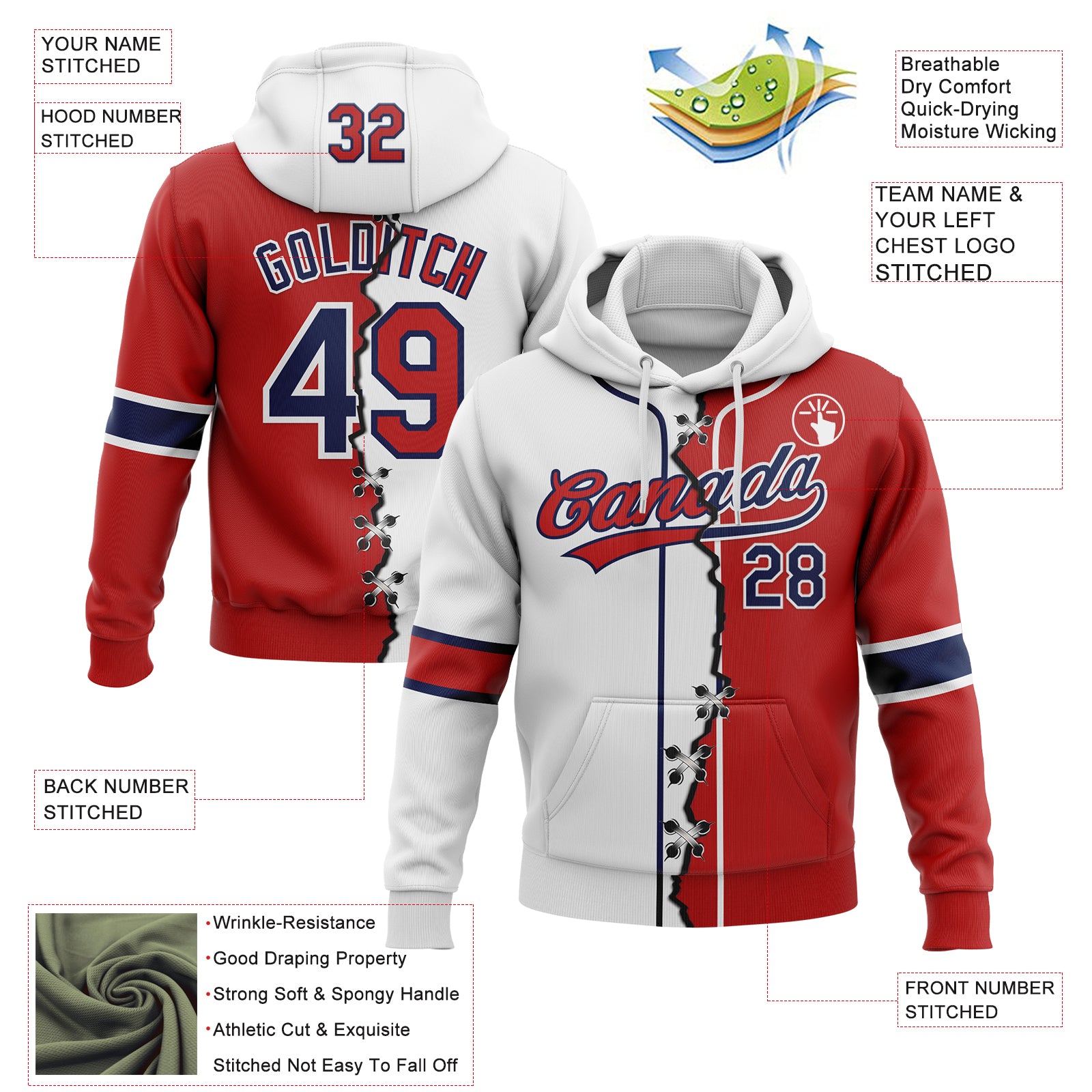 Custom Red Navy-White Split Ripped Pattern Baseball Pullover Sweatshirt Hoodie