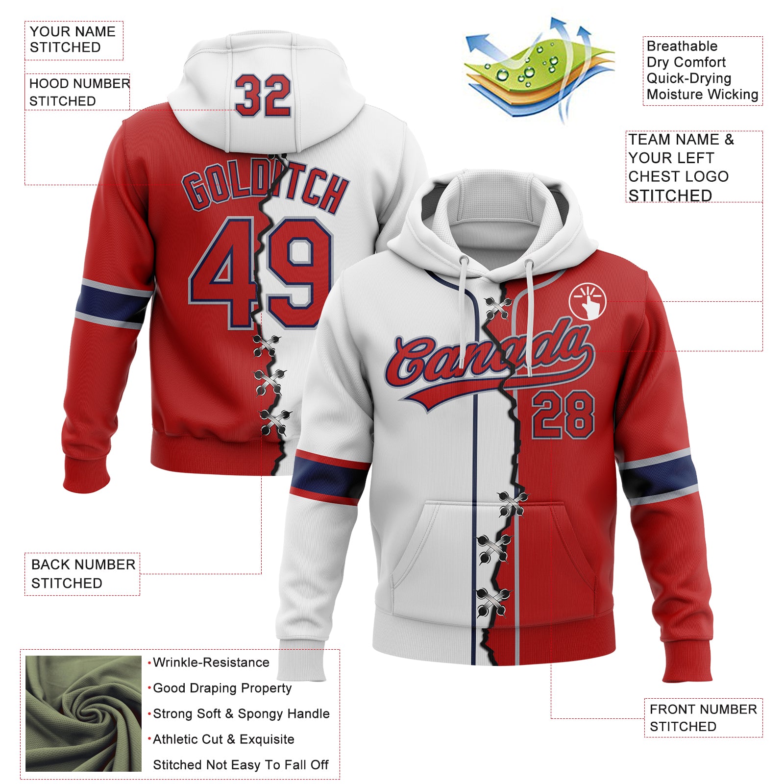 Custom White Red Navy-Gray Split Ripped Pattern Baseball Pullover Sweatshirt Hoodie