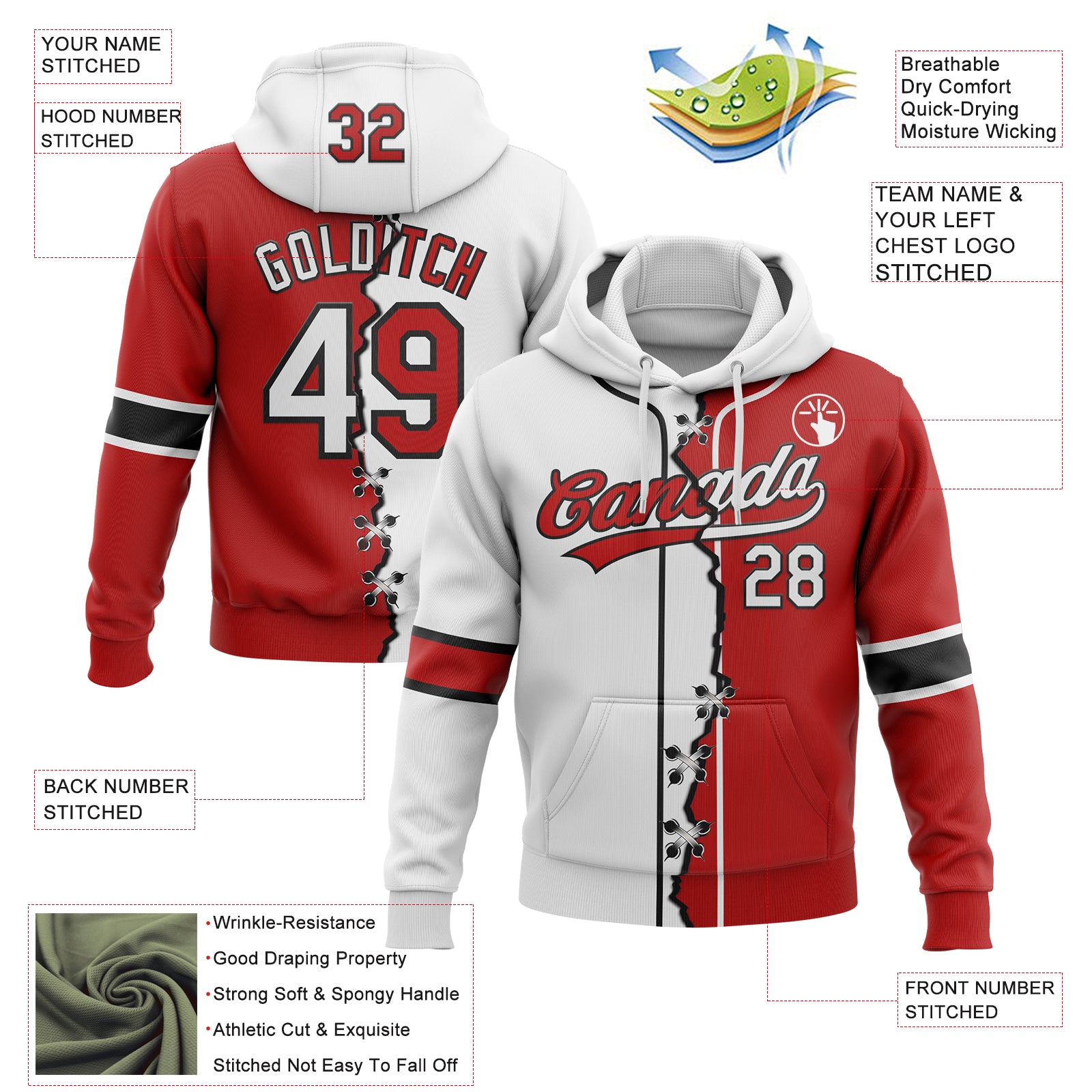 Custom Red White-Black Split Ripped Pattern Baseball Pullover Sweatshirt Hoodie