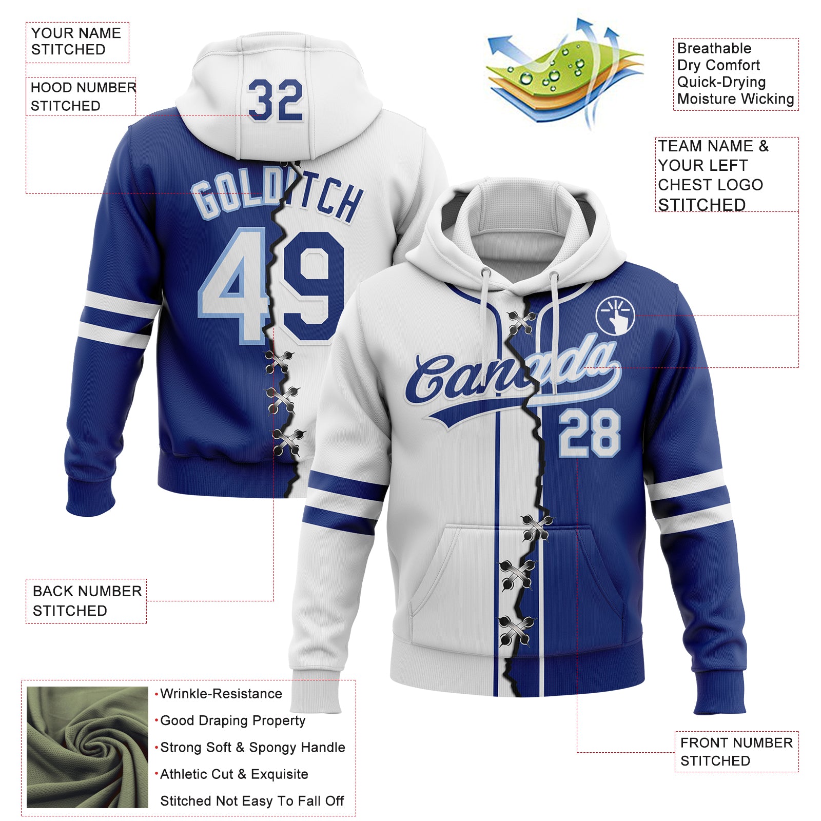 Custom Royal White-Light Blue Split Ripped Pattern Baseball Pullover Sweatshirt Hoodie