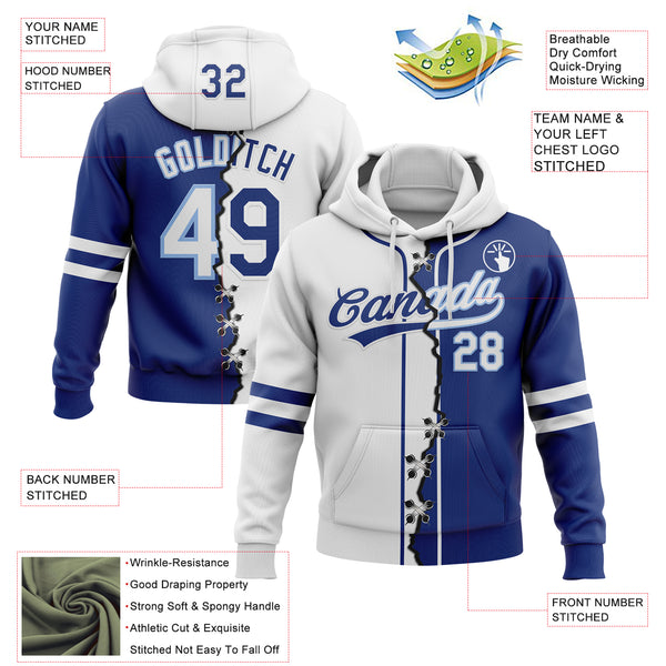 Custom Royal White-Light Blue Split Ripped Pattern Baseball Pullover Sweatshirt Hoodie