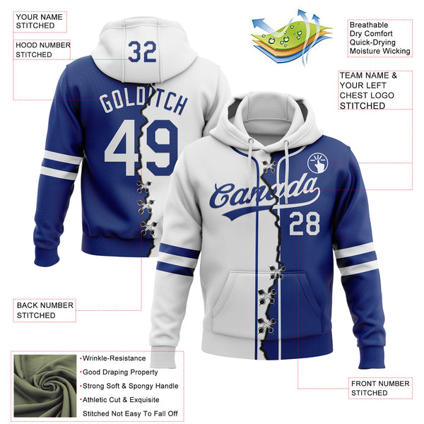 Custom Royal White Split Ripped Pattern Baseball Pullover Sweatshirt Hoodie