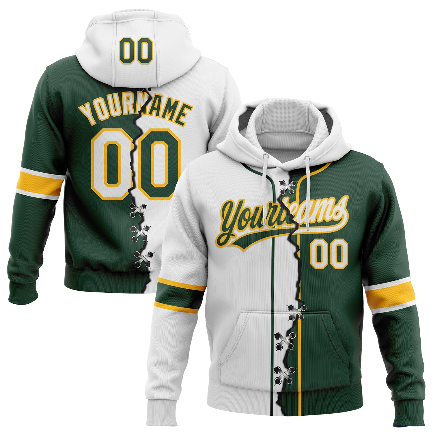 Custom Green White-Gold Split Ripped Pattern Baseball Pullover Sweatshirt Hoodie