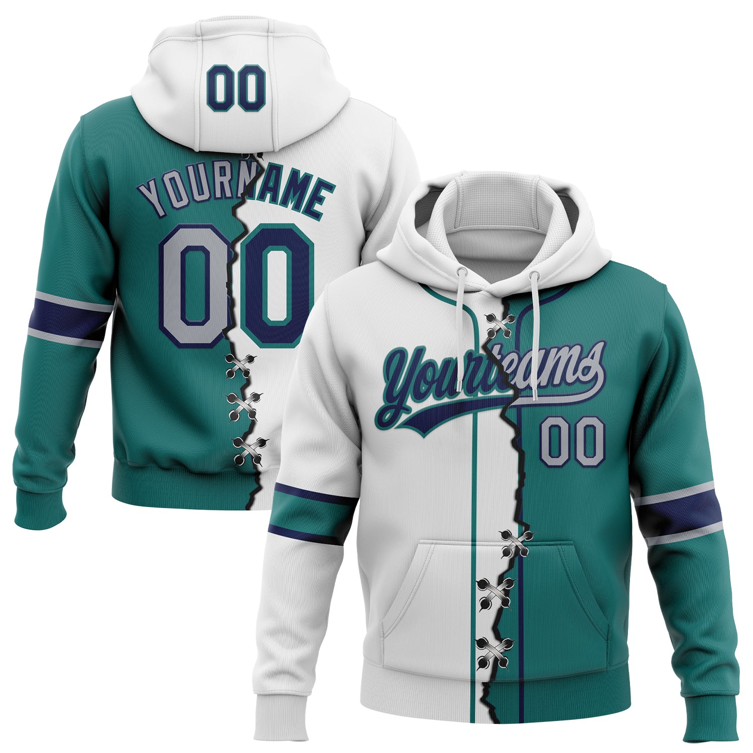 Custom Teal Gray Navy-White Split Ripped Pattern Baseball Pullover Sweatshirt Hoodie