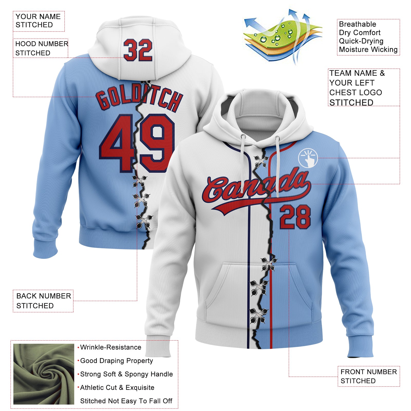 Custom Light Blue Red-Navy Split Ripped Pattern Baseball Pullover Sweatshirt Hoodie