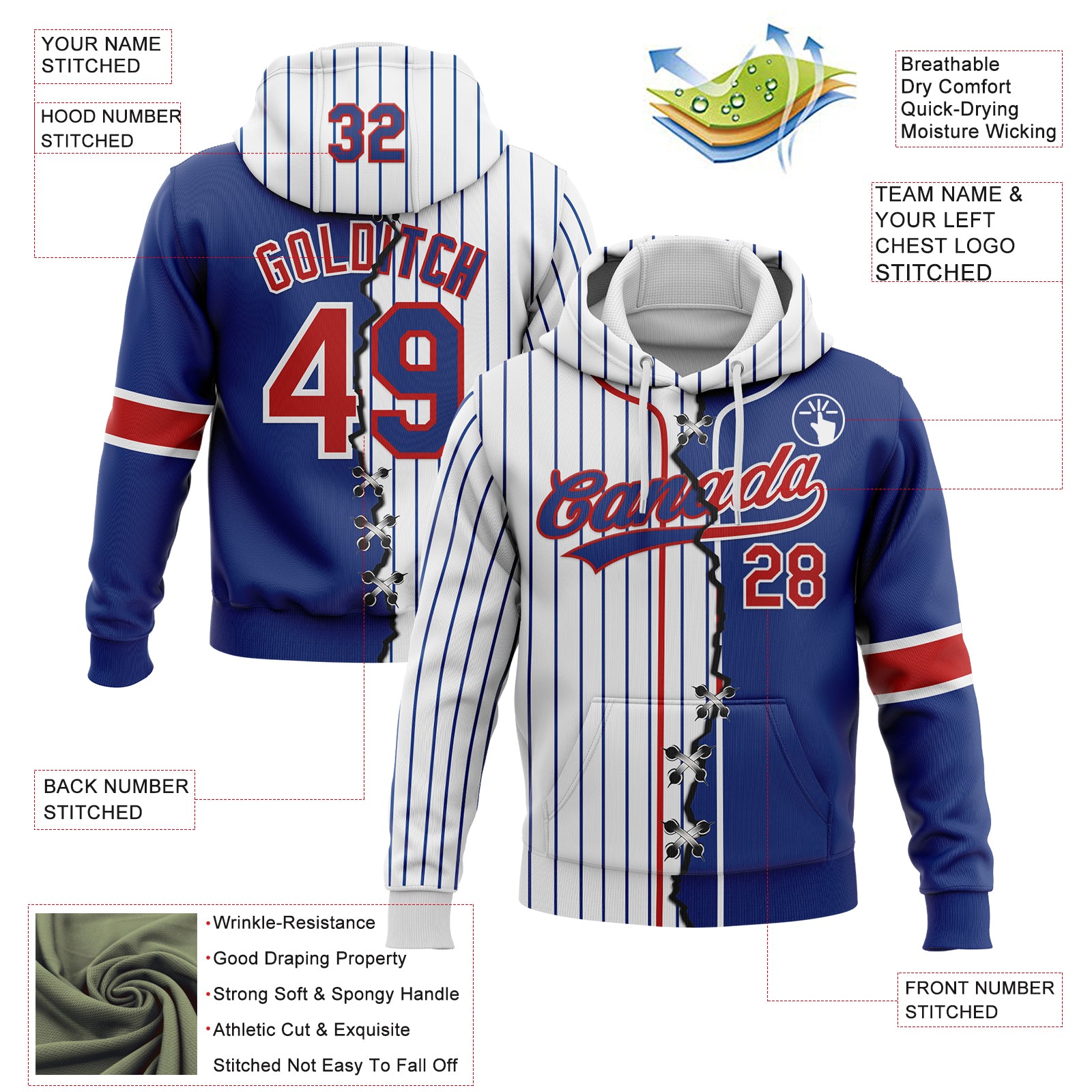 Custom Royal Red-White Pinstripe Split Ripped Pattern Baseball Pullover Sweatshirt Hoodie