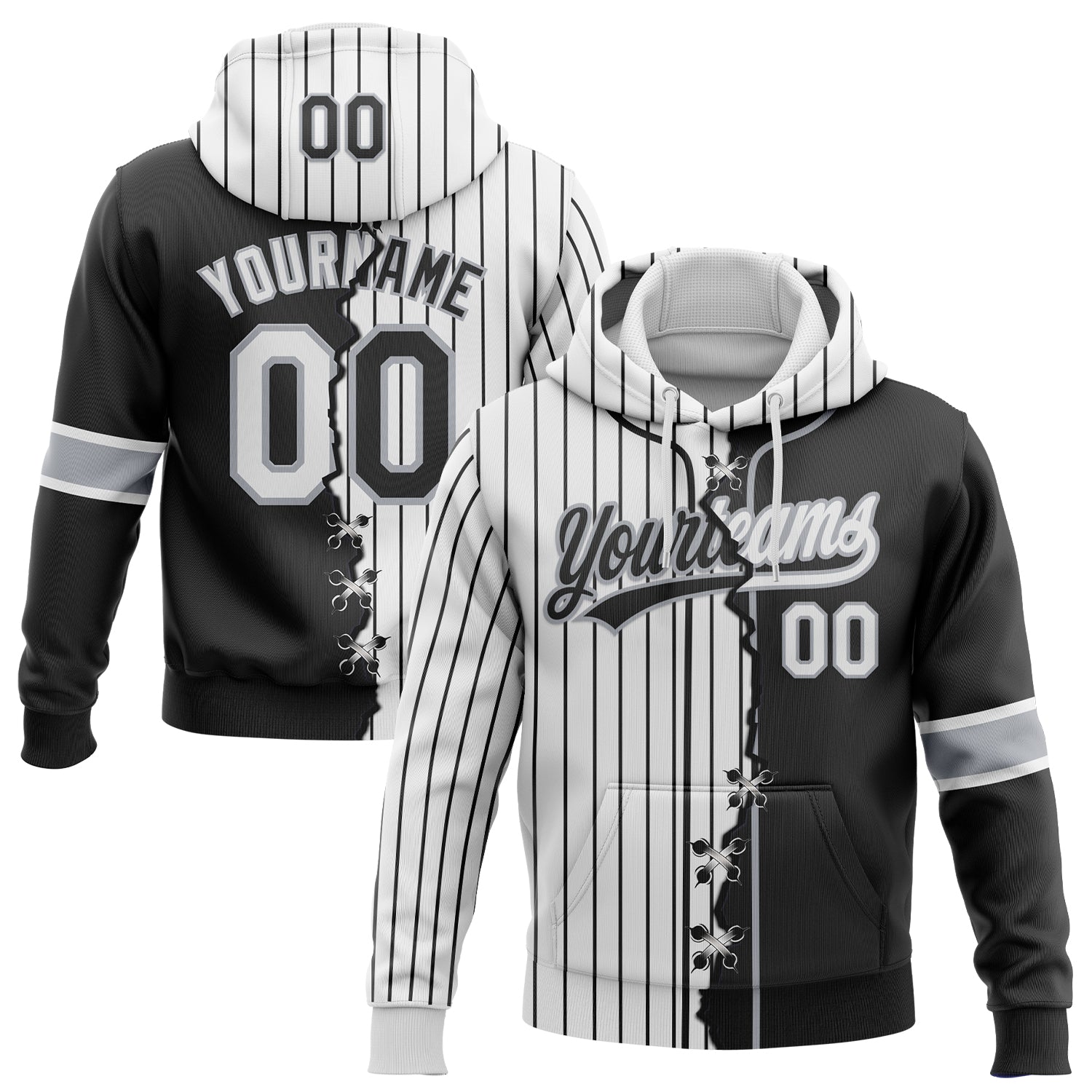 Custom Black White-Gray Pinstripe Split Ripped Pattern Baseball Pullover Sweatshirt Hoodie