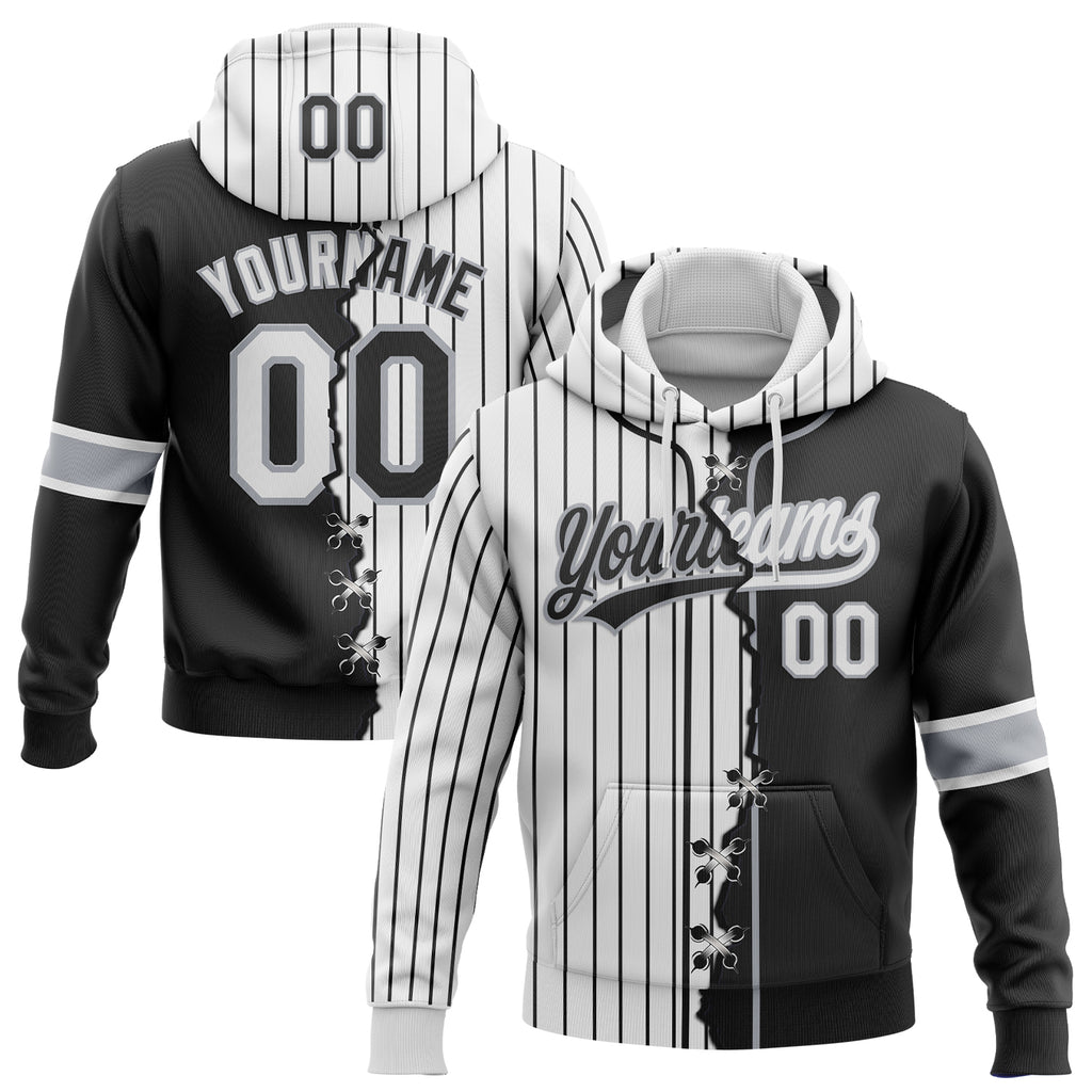 Custom Black White-Gray Pinstripe Split Ripped Pattern Baseball Pullover Sweatshirt Hoodie