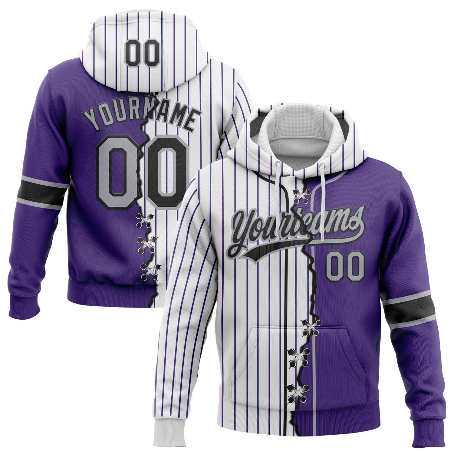 Custom Purple Gray Black-White Pinstripe Split Ripped Pattern Baseball Pullover Sweatshirt Hoodie