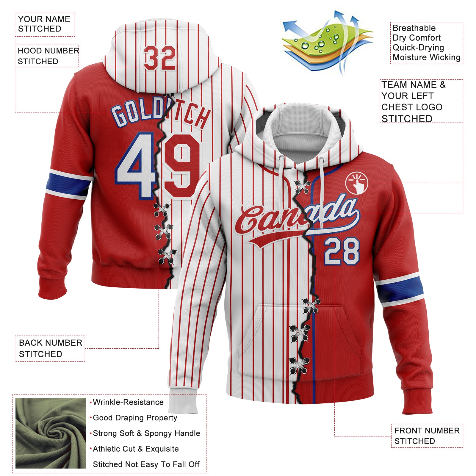 Custom Red White-Royal Pinstripe Split Ripped Pattern Baseball Pullover Sweatshirt Hoodie