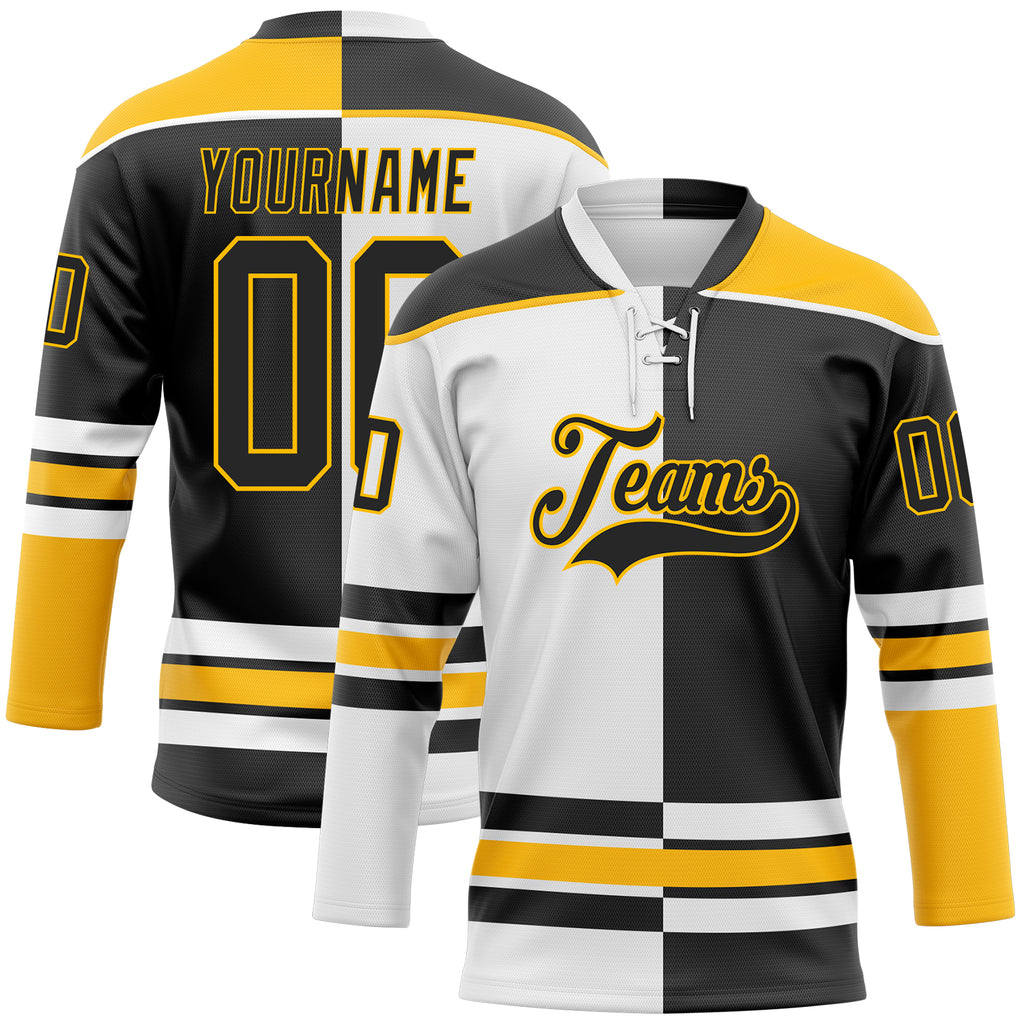 Custom Black Gold-White Split Fashion Hockey Lace Neck Jersey
