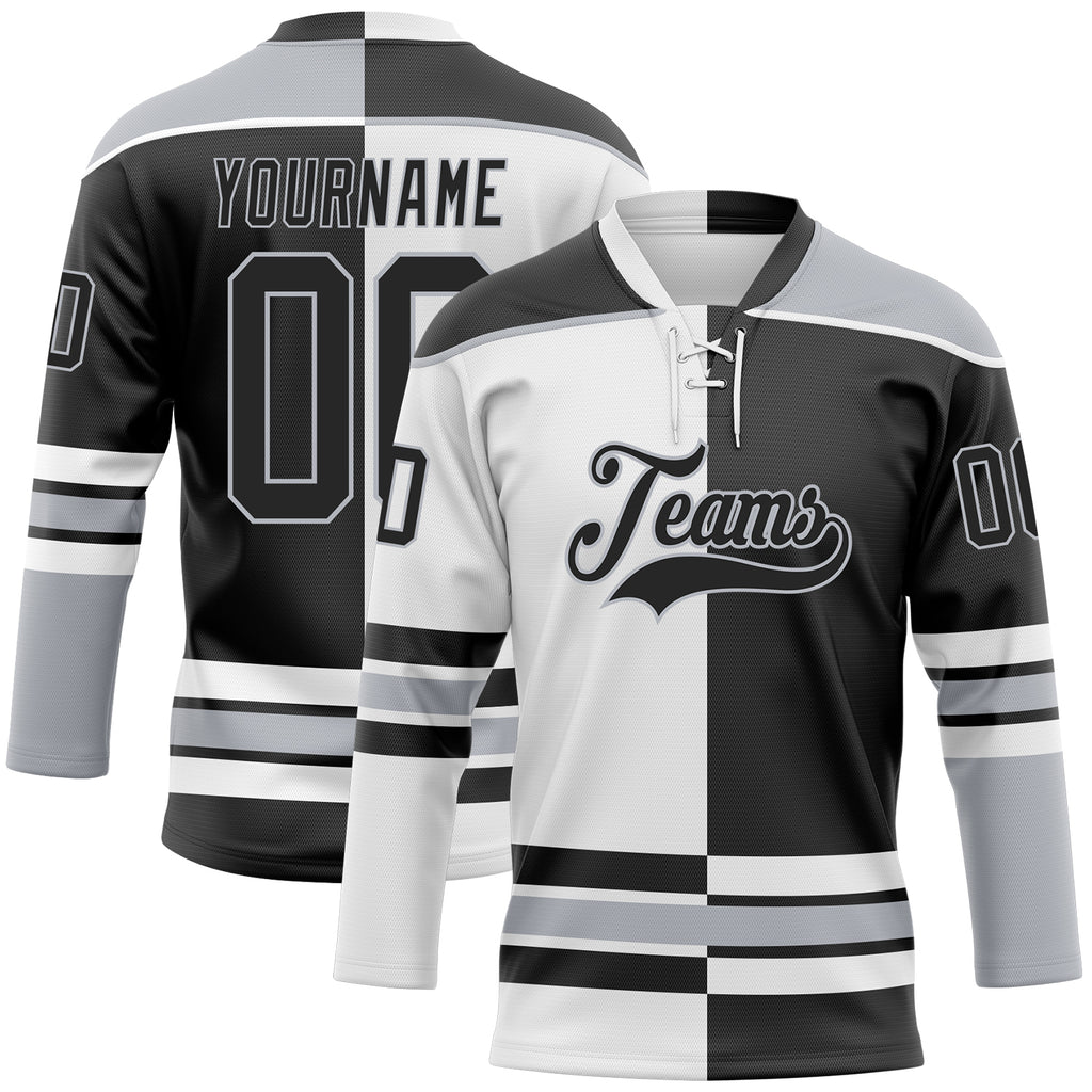 Custom Black Gray-White Split Fashion Hockey Lace Neck Jersey