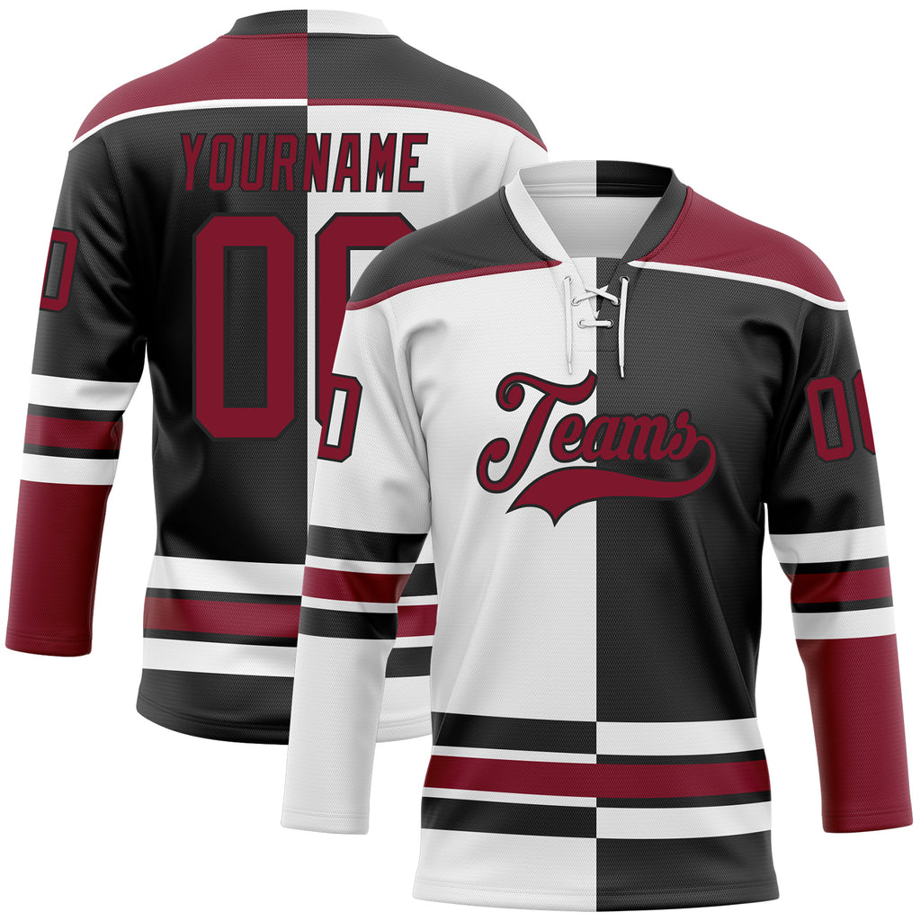 Custom Black Crimson-White Split Fashion Hockey Lace Neck Jersey
