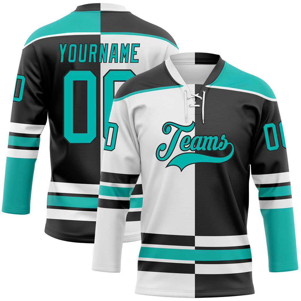 Custom Black Aqua-White Split Fashion Hockey Lace Neck Jersey