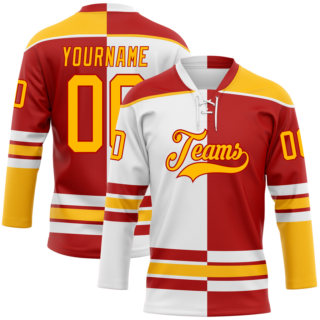 Custom Red Gold-White Split Fashion Hockey Lace Neck Jersey