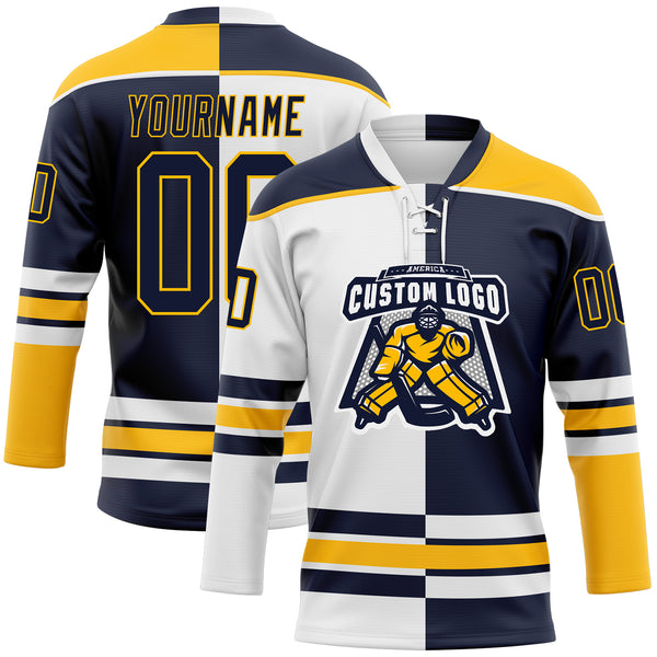 Custom Navy Gold-White Split Fashion Hockey Lace Neck Jersey