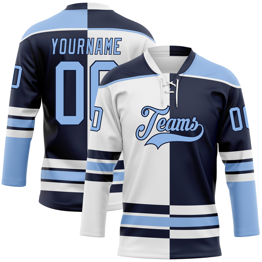Custom Navy Light Blue-White Split Fashion Hockey Lace Neck Jersey