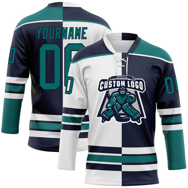 Custom Navy Teal-White Split Fashion Hockey Lace Neck Jersey