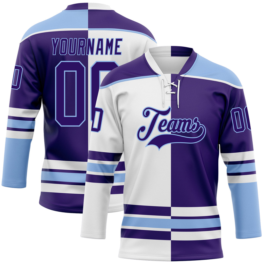Custom Purple Light Blue-White Split Fashion Hockey Lace Neck Jersey