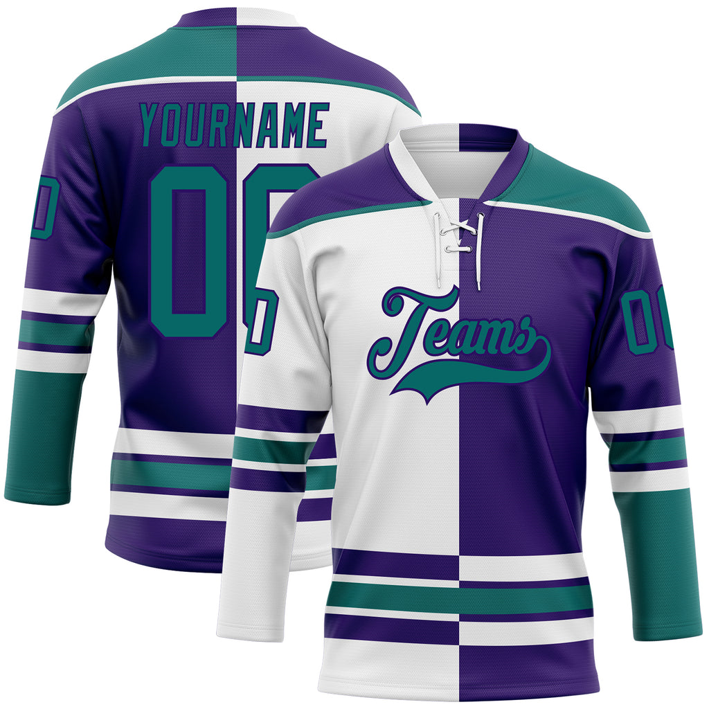 Custom Purple Teal-White Split Fashion Hockey Lace Neck Jersey