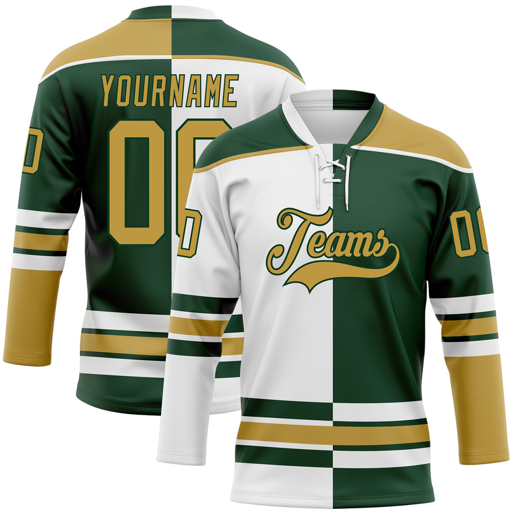 Custom Green Old Gold-White Split Fashion Hockey Lace Neck Jersey