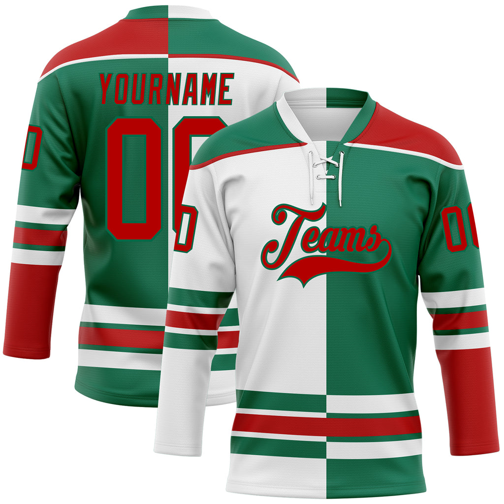 Custom Kelly Green Red-White Split Fashion Hockey Lace Neck Jersey