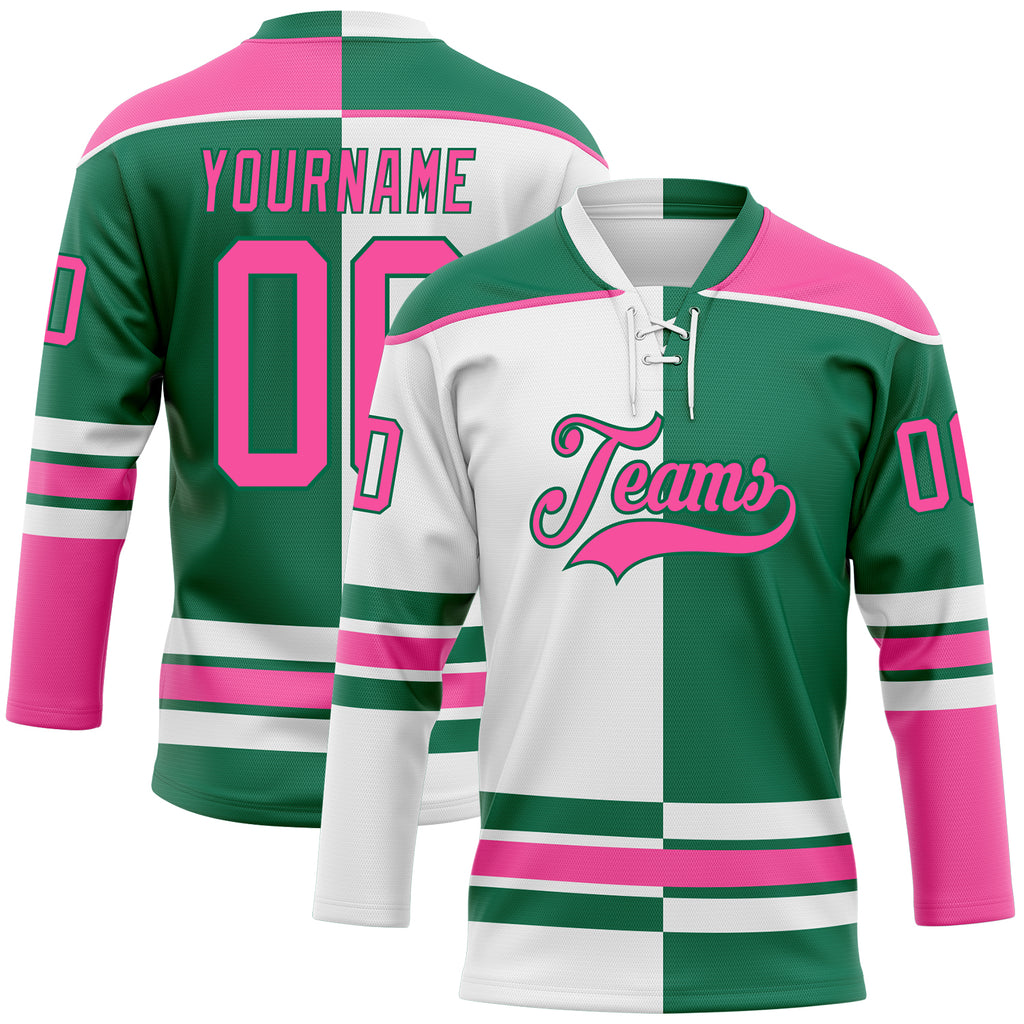 Custom Kelly Green Pink-White Split Fashion Hockey Lace Neck Jersey