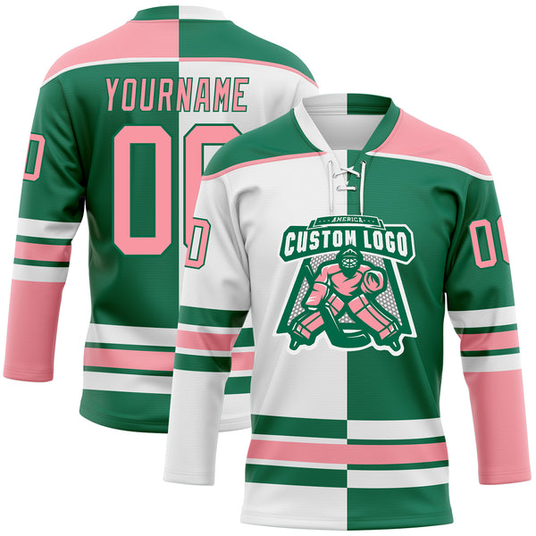 Custom Kelly Green Medium Pink-White Split Fashion Hockey Lace Neck Jersey