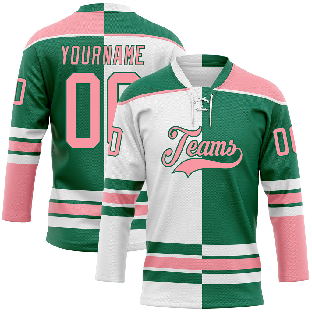 Custom Kelly Green Medium Pink-White Split Fashion Hockey Lace Neck Jersey