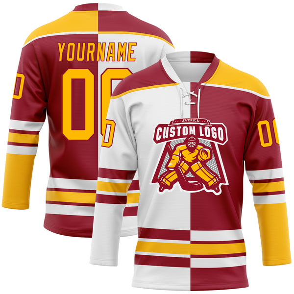 Custom Maroon Gold-White Split Fashion Hockey Lace Neck Jersey