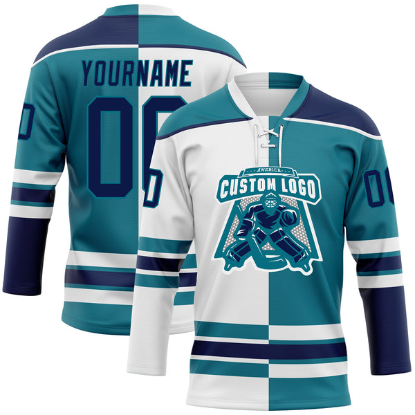 Custom Teal Navy-White Split Fashion Hockey Lace Neck Jersey