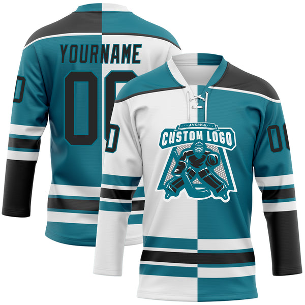 Custom Teal Black-White Split Fashion Hockey Lace Neck Jersey