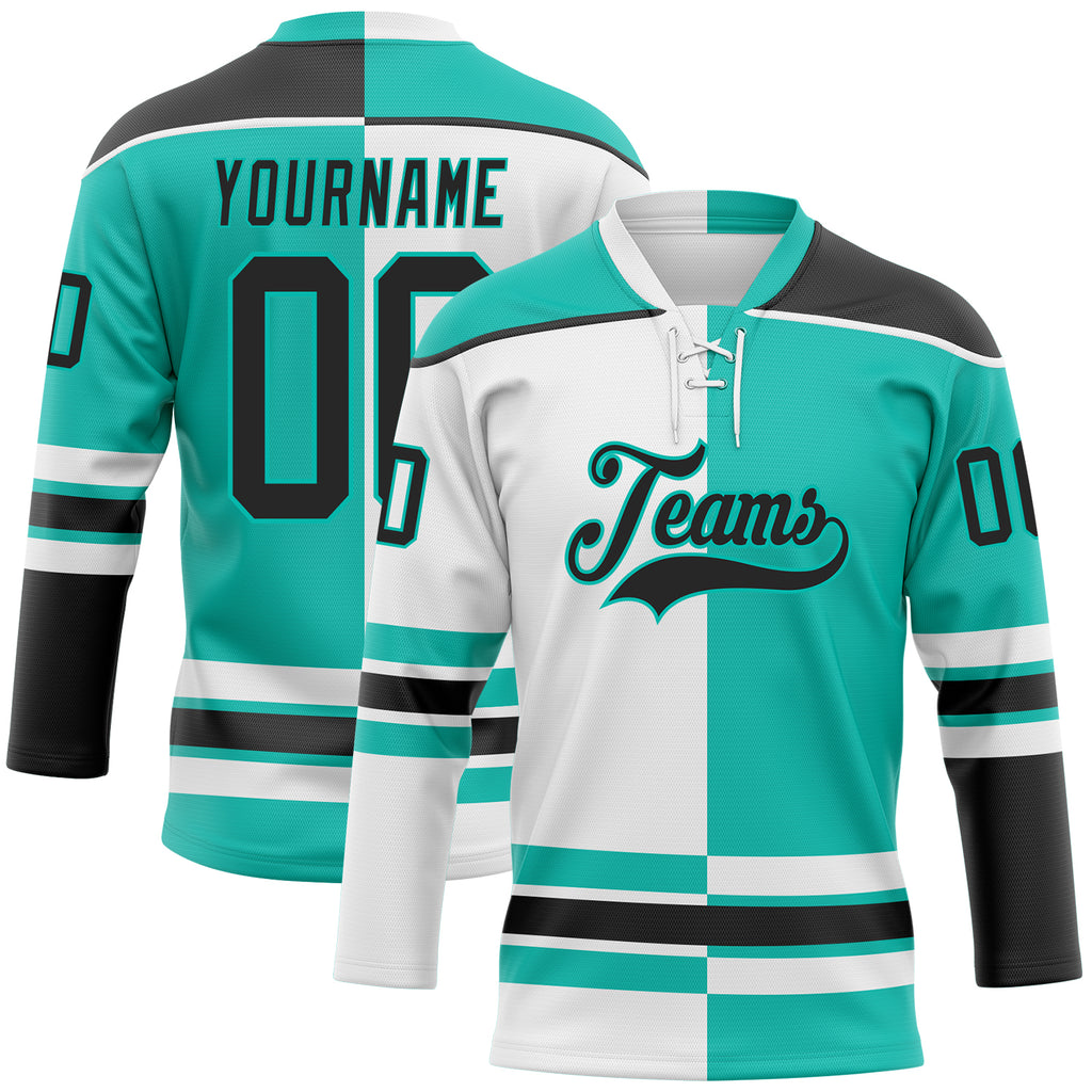 Custom Aqua Black-White Split Fashion Hockey Lace Neck Jersey