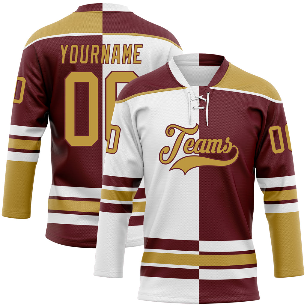 Custom Burgundy Old Gold-White Split Fashion Hockey Lace Neck Jersey