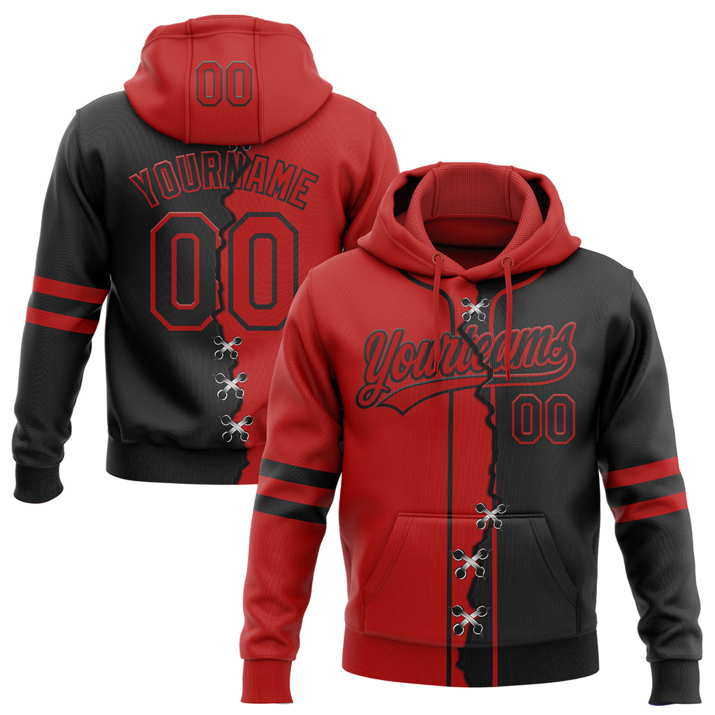 Custom Black Red Split Ripped Pattern Baseball Pullover Sweatshirt Hoodie