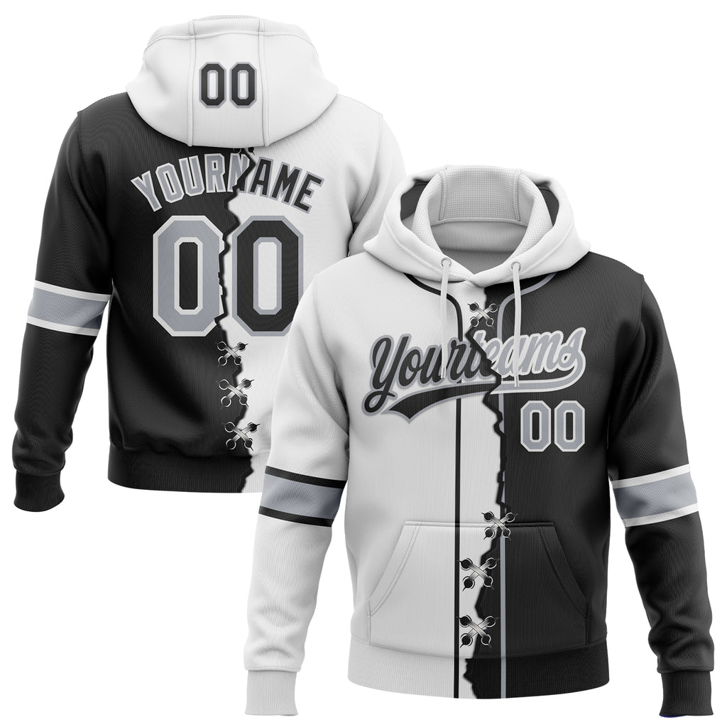 Custom Black Gray-White Split Ripped Pattern Baseball Pullover Sweatshirt Hoodie