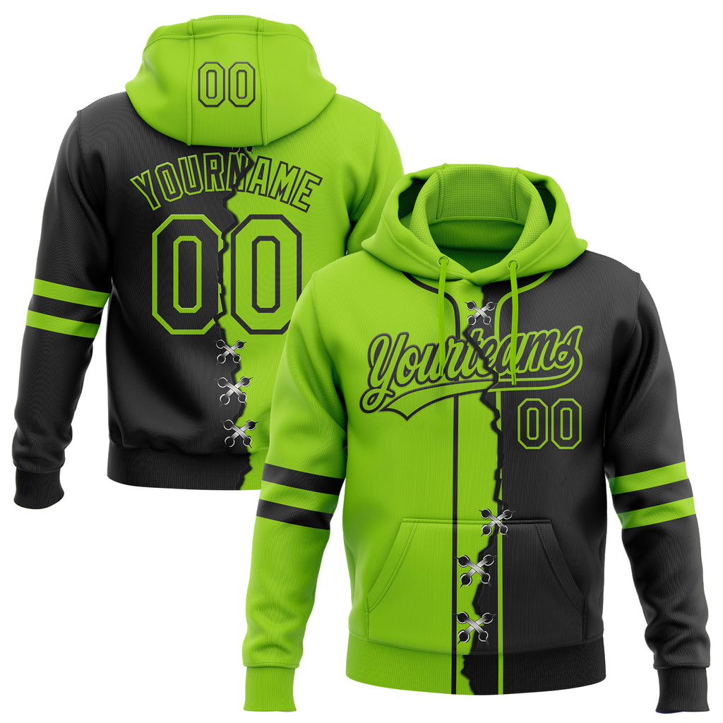 Custom Black Neon Green Split Ripped Pattern Baseball Pullover Sweatshirt Hoodie